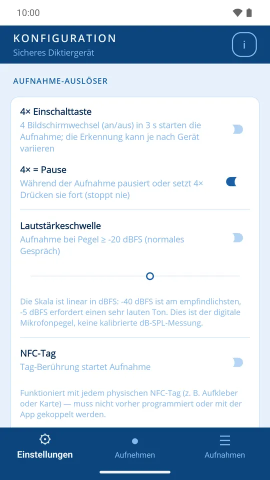 Auslöser-Einstellungen: Ein-/Aus-Taste, Lautstärke, NFC und Sprachbefehle