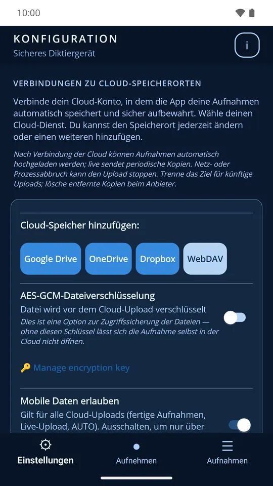 Cloud-Einstellungen: Google Drive, OneDrive, Dropbox, WebDAV und Verschlüsselung vor dem Upload