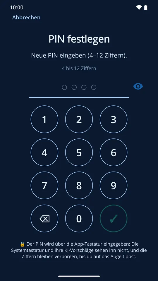 PIN-Einrichtung mit dem App-Tastenfeld im dunklen Design