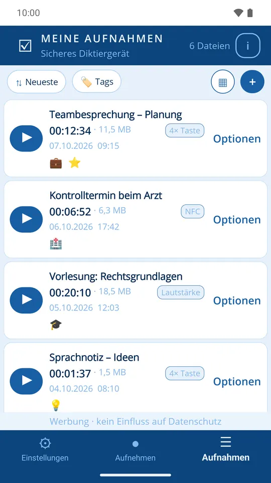Aufnahmeliste mit Namen, Dauer, Größe, Auslöser und Tags