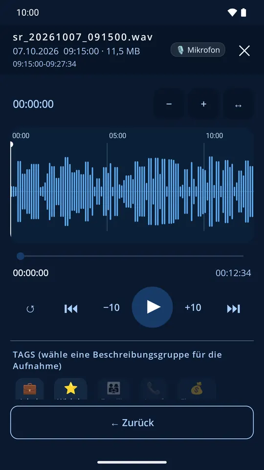 Player mit zoombarer Wellenform im dunklen Design
