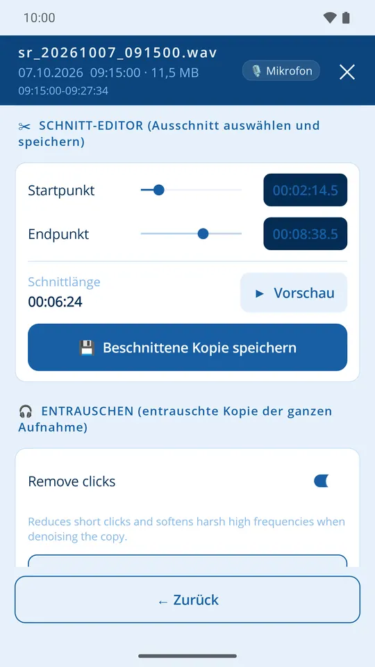 Schnitt-Editor mit Start- und Endreglern