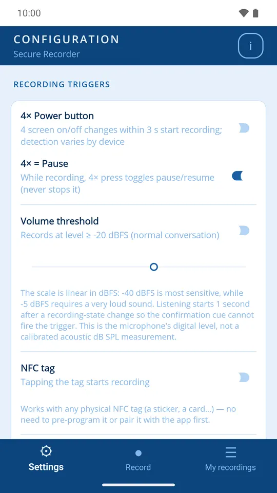 Trigger settings: power button, sound level, NFC and voice phrases