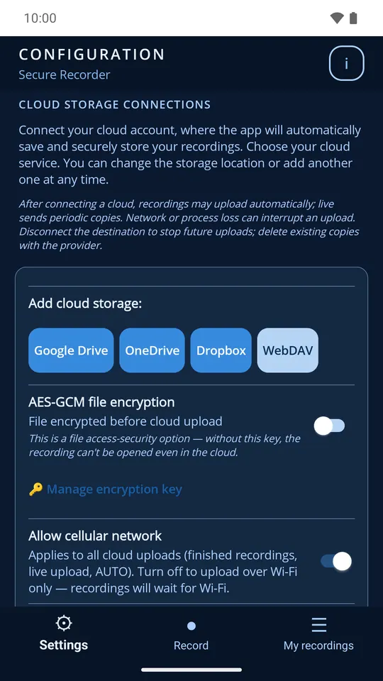 Cloud settings with Google Drive, OneDrive, Dropbox, WebDAV and encryption before upload
