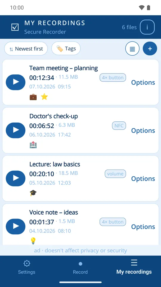 Library list with recording names, durations, sizes, triggers and tags